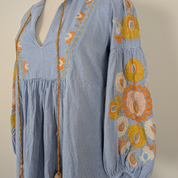 Zara Women Gingham Embroidered Mini Dress Long Sleeve Tassels Lantern Sleeve - Picture 13 of 15